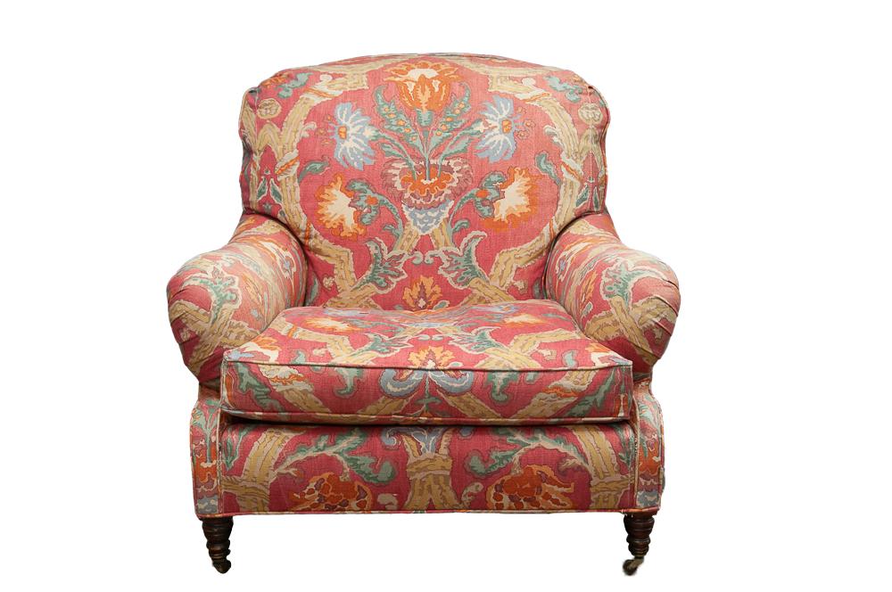 RALPH LAUREN PRINT UPHOLSTERED OVER-STUFFED ARMCHAIR: Condition: with fading to upholstery 35 inches from outside arm to outside arm