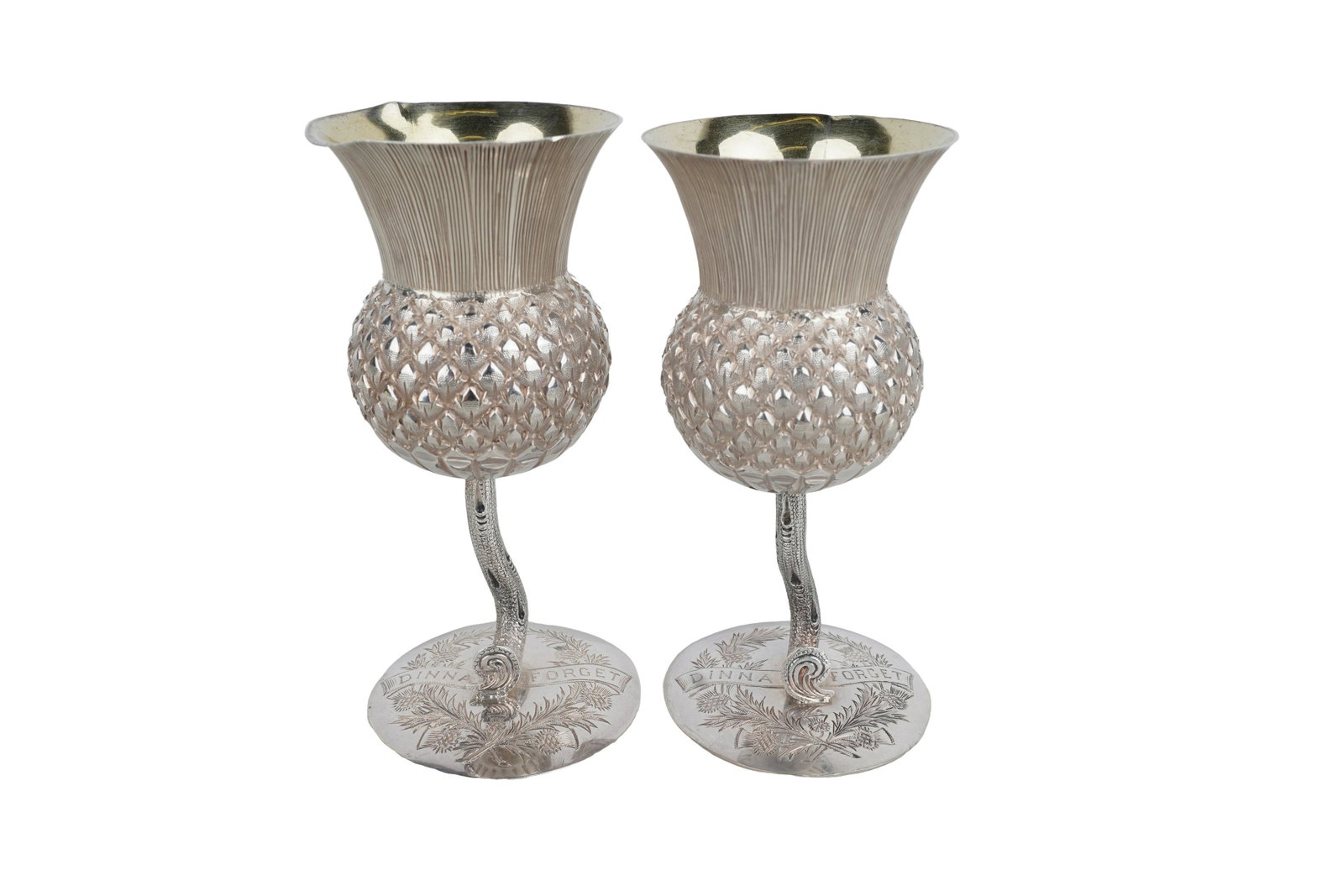 PAIR OF EDWARDIAN SCOTTISH SILVER VASES: James Aitchison, Edinburgh, 1906 each inscribed 'D'inna Forget' on base 4 total troy ounces Condition: each with a pinched rim Provenance: The Estate of Judith Sterling Morse Plunkett 3 7/8 inches hig
