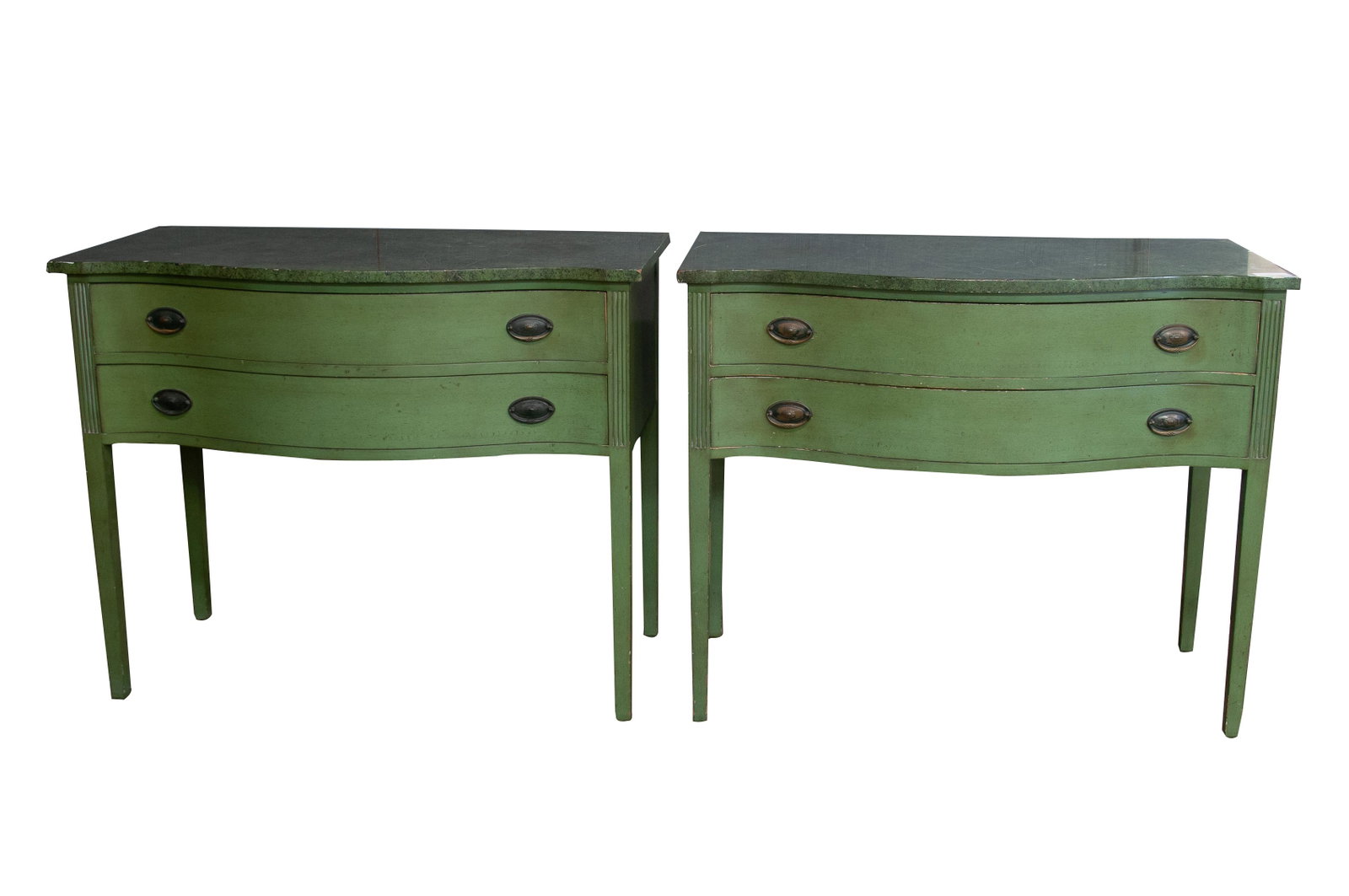 PAIR OF PAINTED MAHOGANY SIDE COMMODES: each with a faux painted top Condition: with chips to rim top and drawer edges 39 1/2 inches wide; 21 inches deep; 32 1/2 inches high