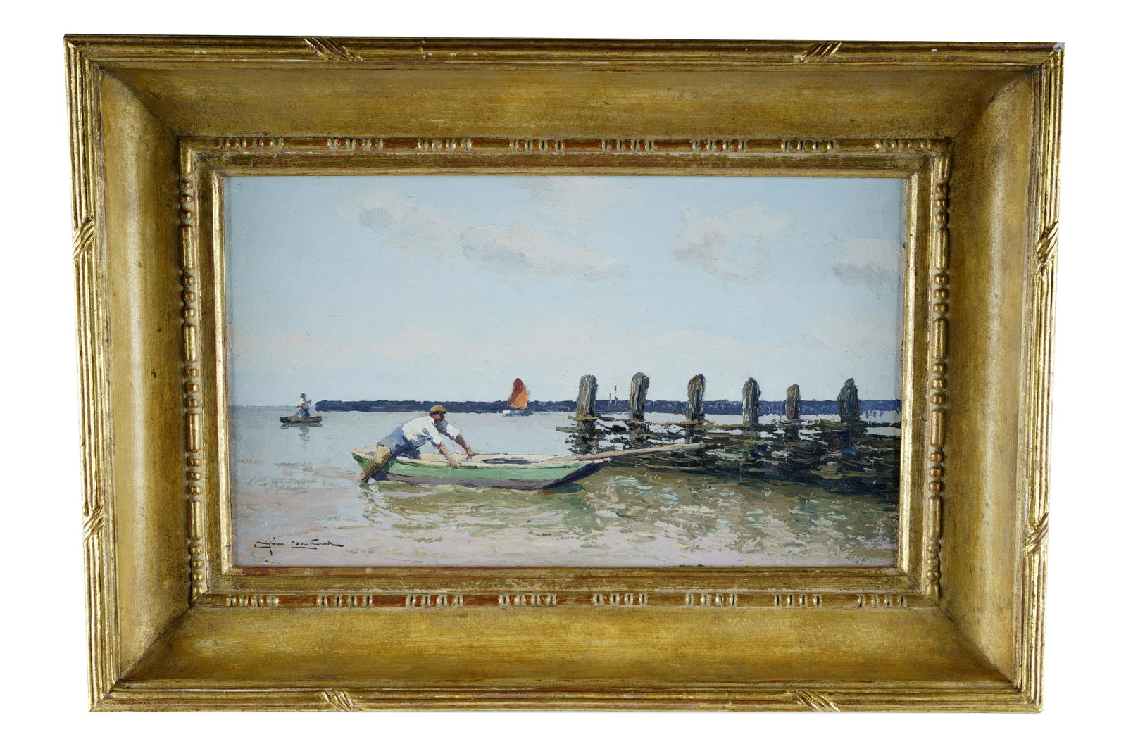 CONTINENTAL SCHOOL: "FIGURE IN A BOAT BY THE COAST": oil on canvas, signed lower left 10 x 16 inches