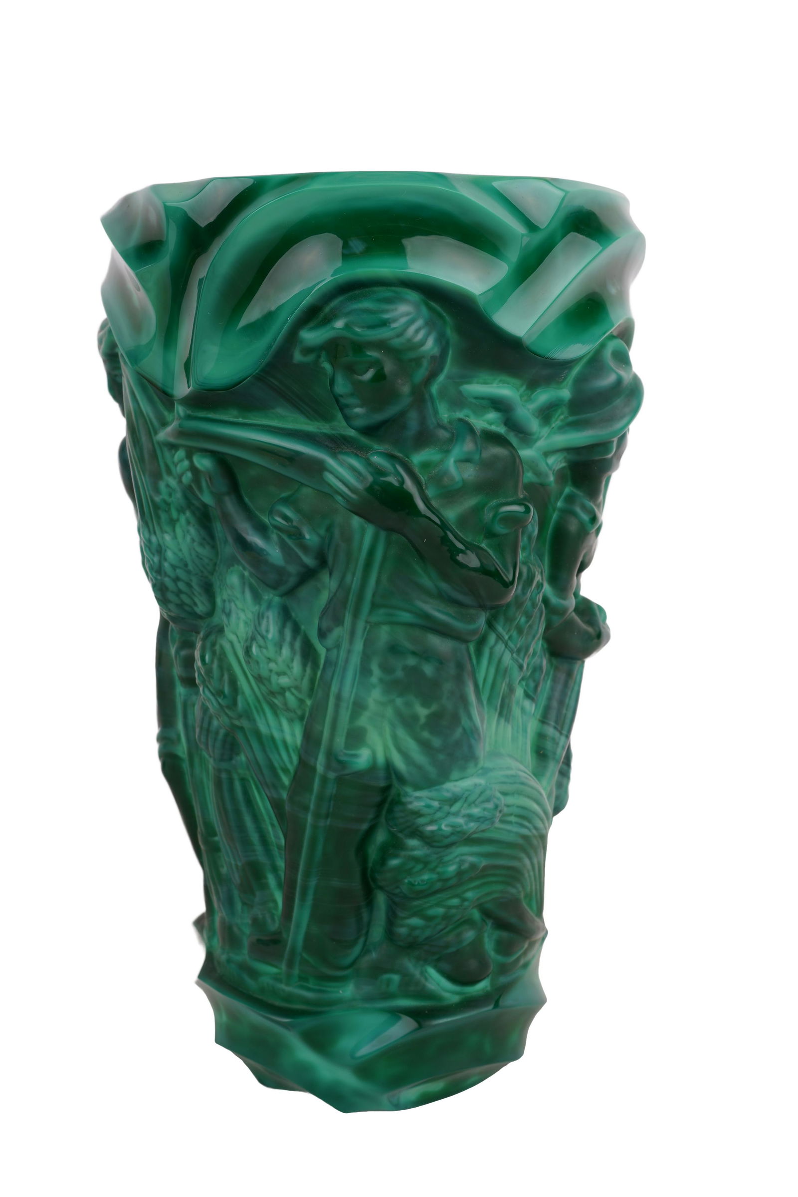MALACHITE COLORED MOLDED GLASS VASE: 9 3/4 inches high