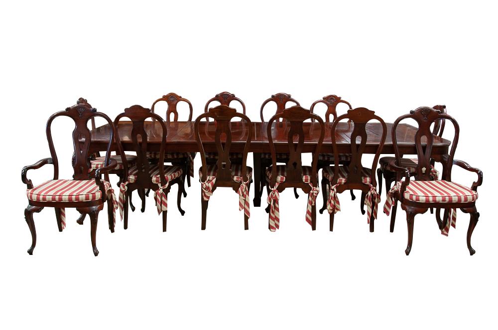 CHIPPENDALE STYLE MAHOGANY DINING TABLE WITH 12 CHAIRS: with three leaves Condition: with wear commensurate with age, possibly Asian origin table: 13 total feet wide with extensions