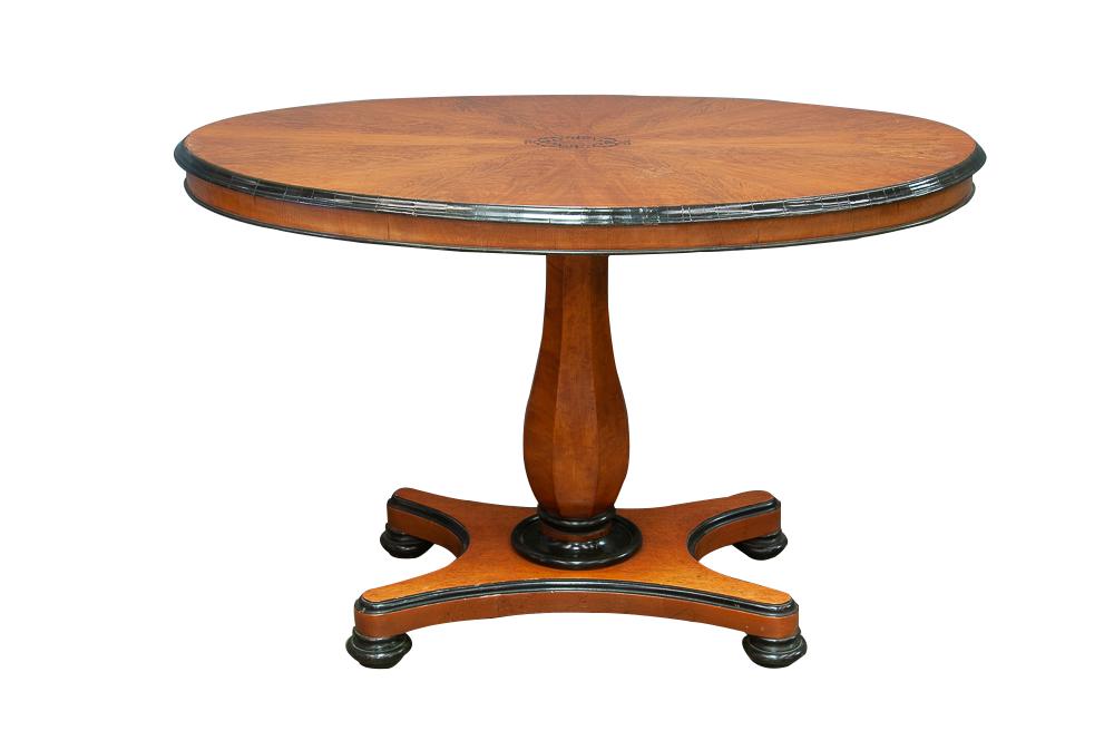 BIEDERMEIER STYLE OCCASIONAL TABLE: Condition: with wear to varnish 44 inches wide; 27 inches deep; 28 1/2 inches