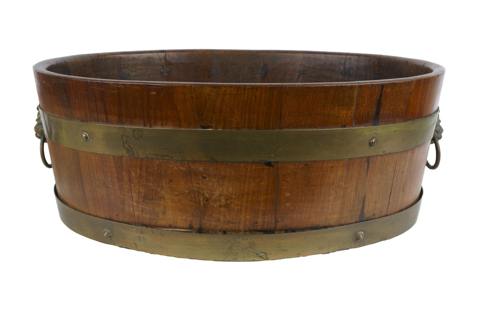 GEORGE V TEAK & BRASS-BOUND TUB: a memento from The Battle of Jutland; with a brass plaque reading From the teak of HMS Iron Duke/Admiral Jellicoeâ€™s Flagship/Jutland 1916 Condition: with separation of lower brass bindings Prov