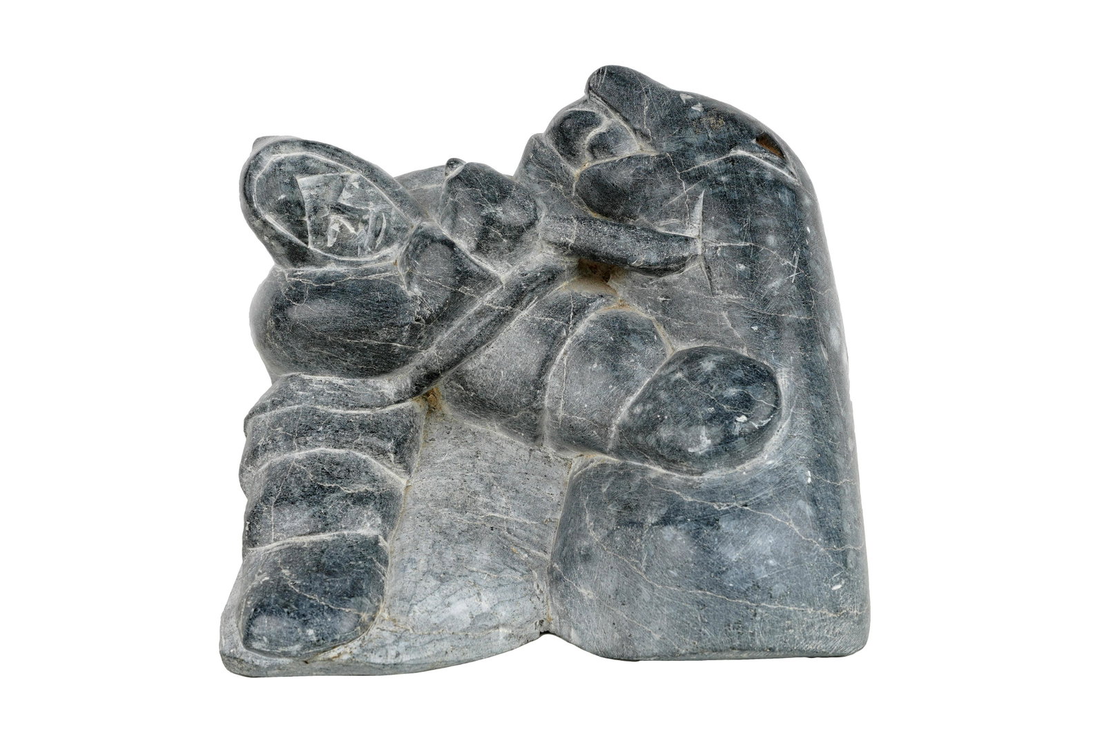 INUIT CARVED STONE FIGURAL GROUP: 7 inches wide; 6 inches high