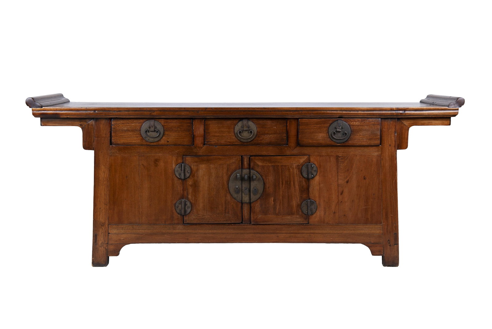 CHINESE ELMWOOD CREDENZA: Condition: with nicks and wear along edges; hardware present but without cabinet lock 84 1/2 inches wide; 19 3/4 inches deep; 33 1/2 inches high