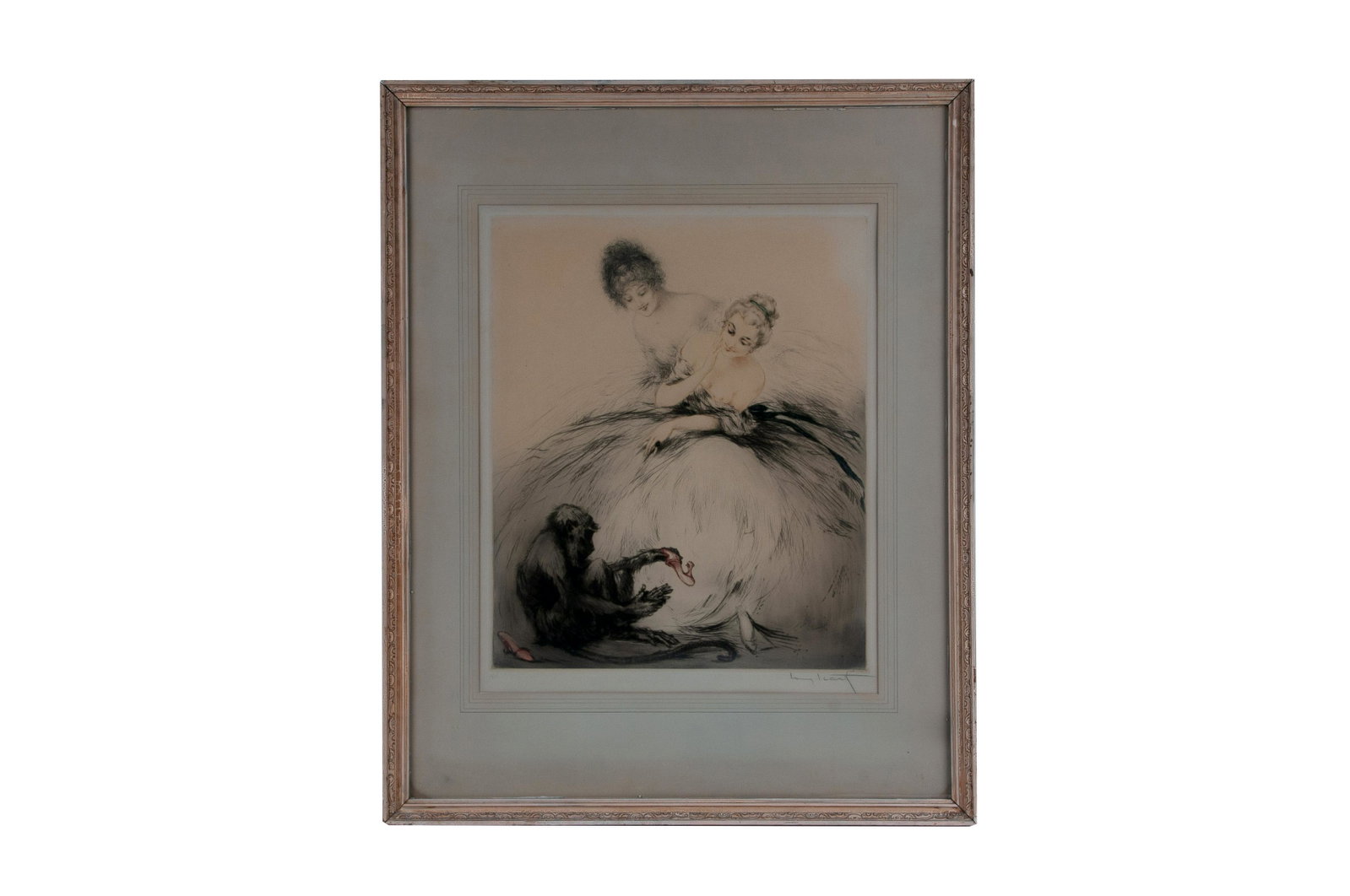 LOUIS ICART: "BEWILDERMENT (THE VAIN MONKEY)": signed and no. 168 Condition: with yellowing to image 19 3/4 x 16 inches