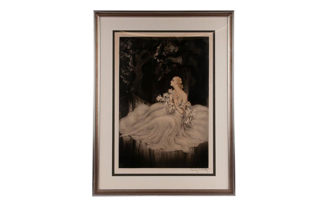 LOUIS ICART ETCHING: "LILIES": aquatint and etching Condition: yellowing to paper, visible plate mark, windmill stamp lower left 29 1/2 x 20 inches site