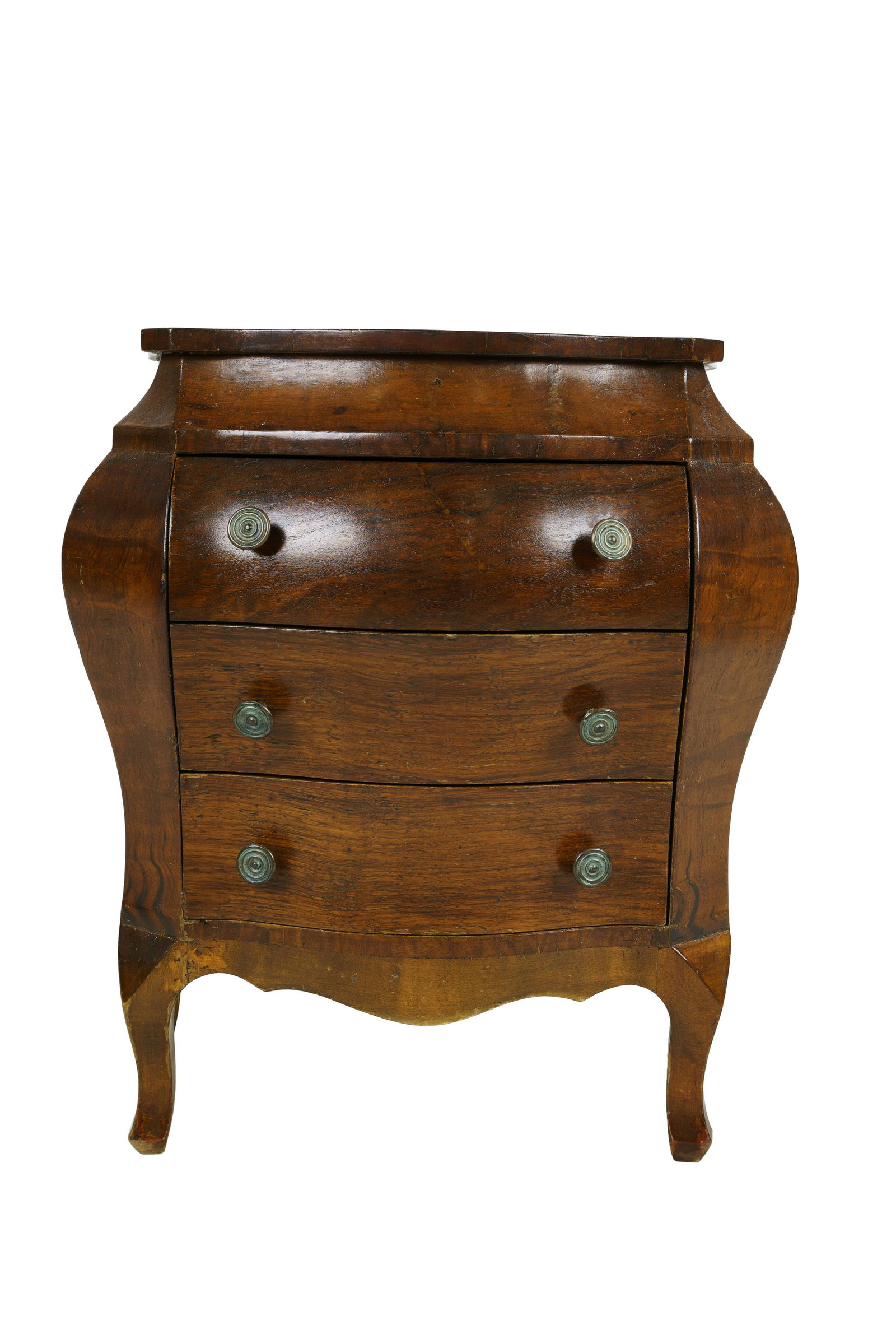 ITALIAN STYLE WALNUT BOMBE COMMODE: Condition: with repair and loss to front 19 inches wide; 10 inches deep; 20 1/2 inches high