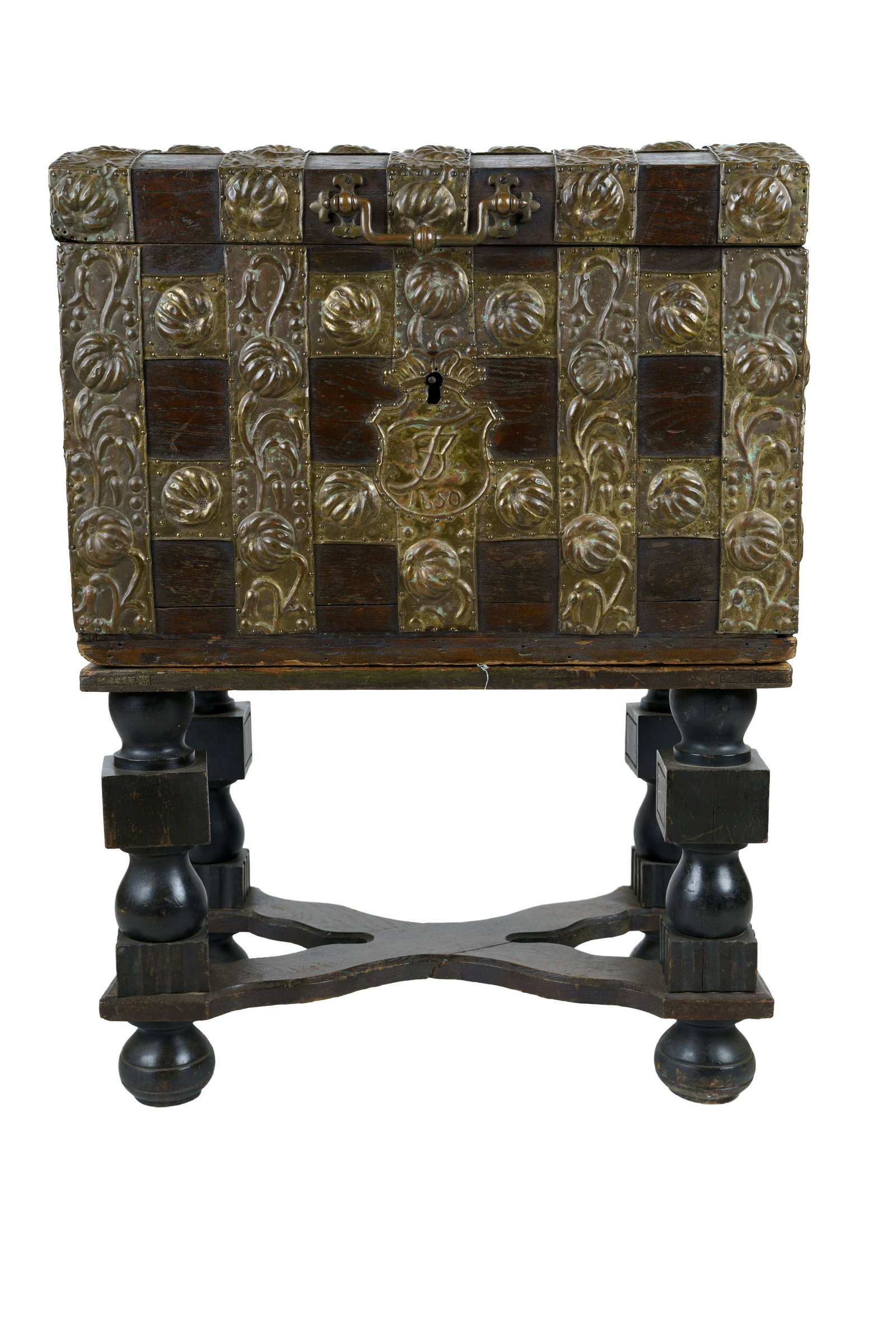 BRASS MOUNTED CASSONE ON STAND: in two parts, copper banding Condition: some damage to rear copper, no key 26 1/4 inches wide; 17 1/2 inches deep; 37 inches high