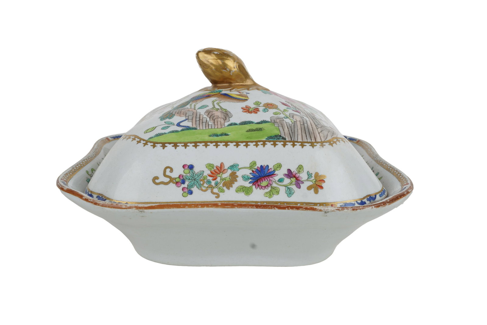 SPODE IRONSTONE PORCELAIN COVERED VEGETABLE DISH: Condition: wear to gilding on rim, commensurate with age; loss to paint on interior Provenance: The Estate of Judith Sterling Morse Plunkett 9 inches square