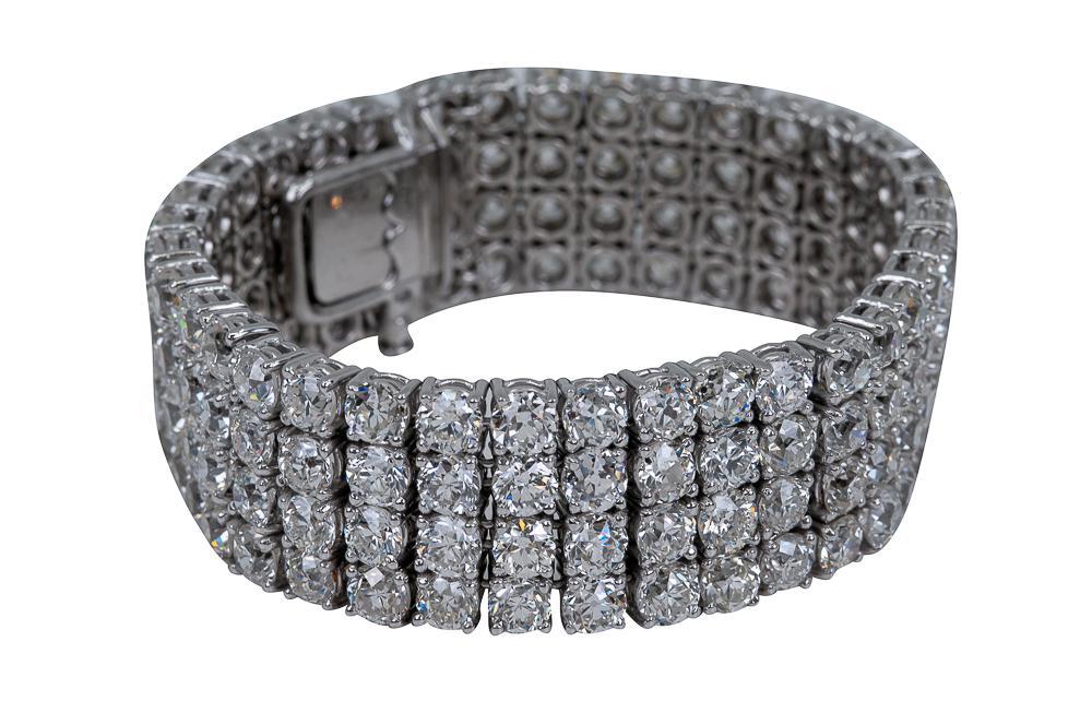 PLATINUM & DIAMOND BRACELET: containing 144 old European cut diamonds [I-J-K/VS2] weighing approximately 63.36 total carats 99.46 grams Provenance: Carmel, CA Estate 7 inches long