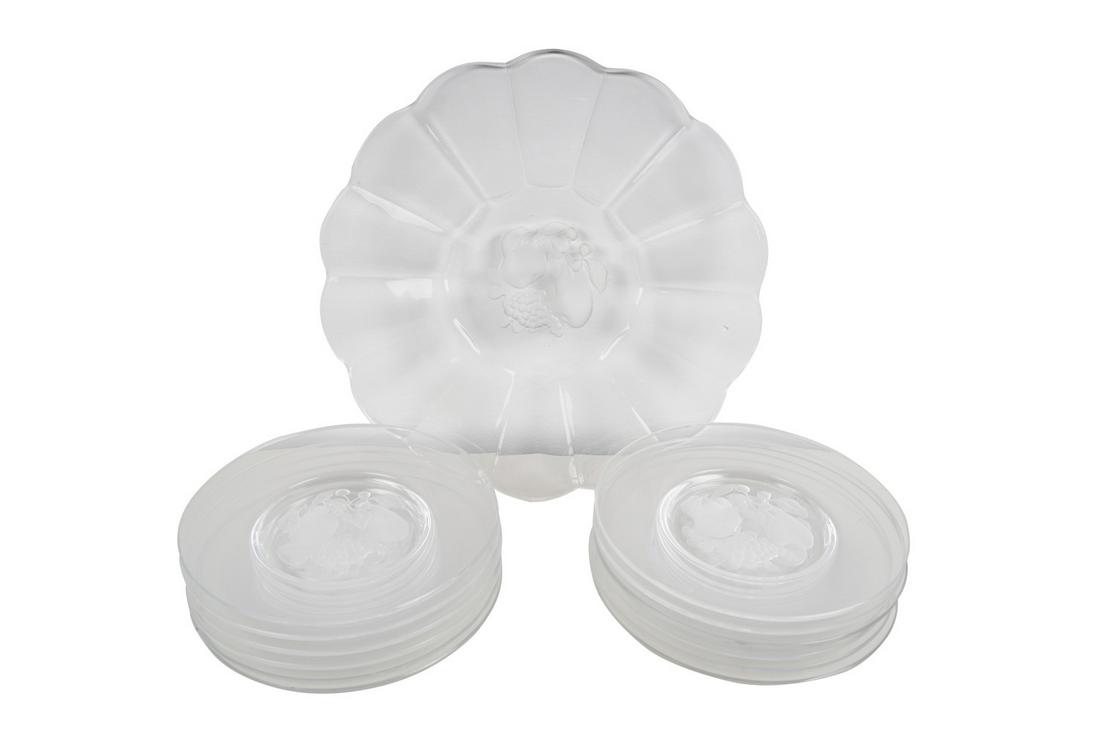 TWELVE VSL FRUIT PLATES WITH CHARGER: each with Val St Lambert etched signature the charger: 13 1/2 inches diameter