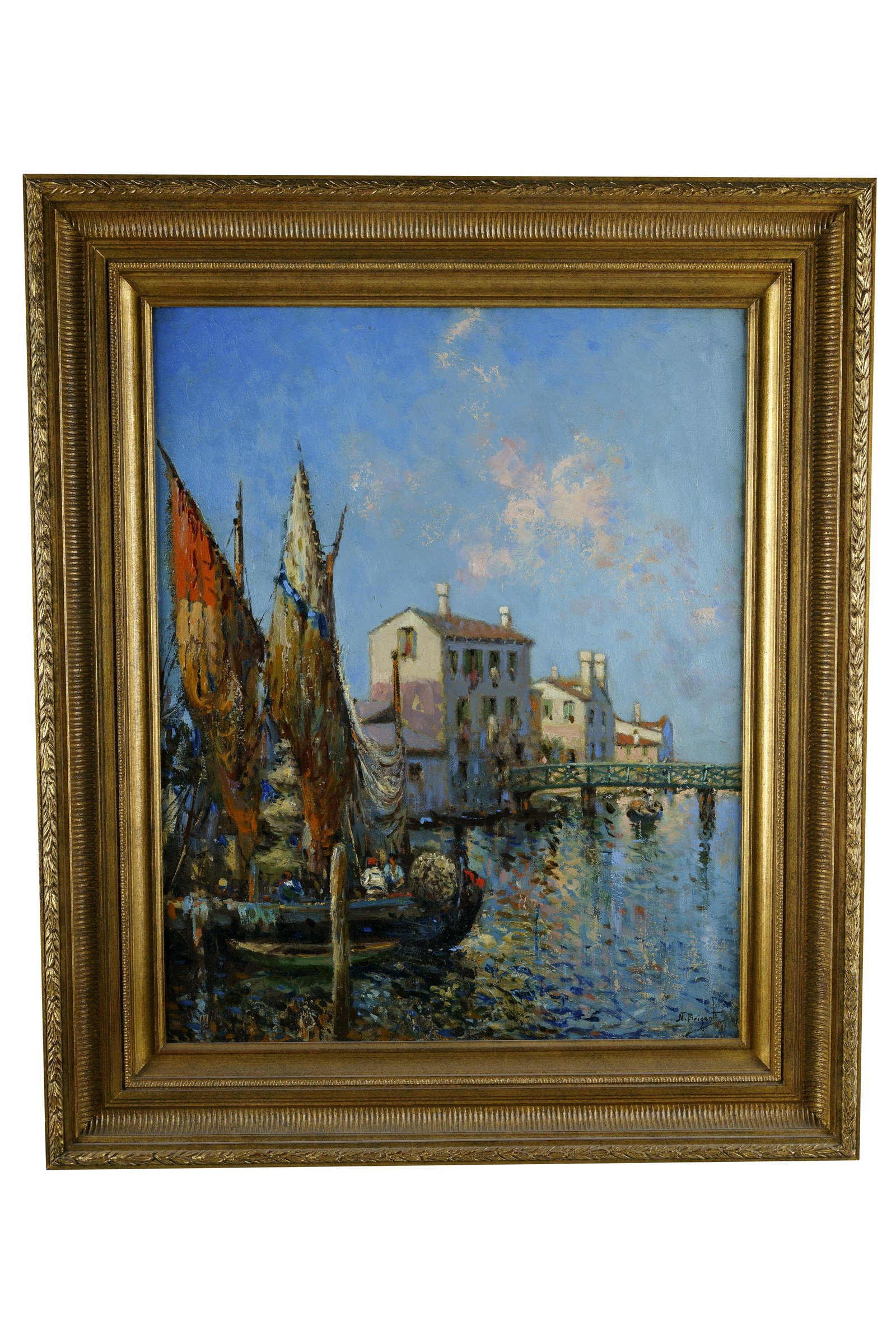 NICHOLAS P. BRIGANTE: "FISHING BOATS, VENICE": oil on canvas signed lower right Provenance: The Estate of DeWitt McCall III De Ru's Fine Arts, Bellflower, CA 25 x 20 inches