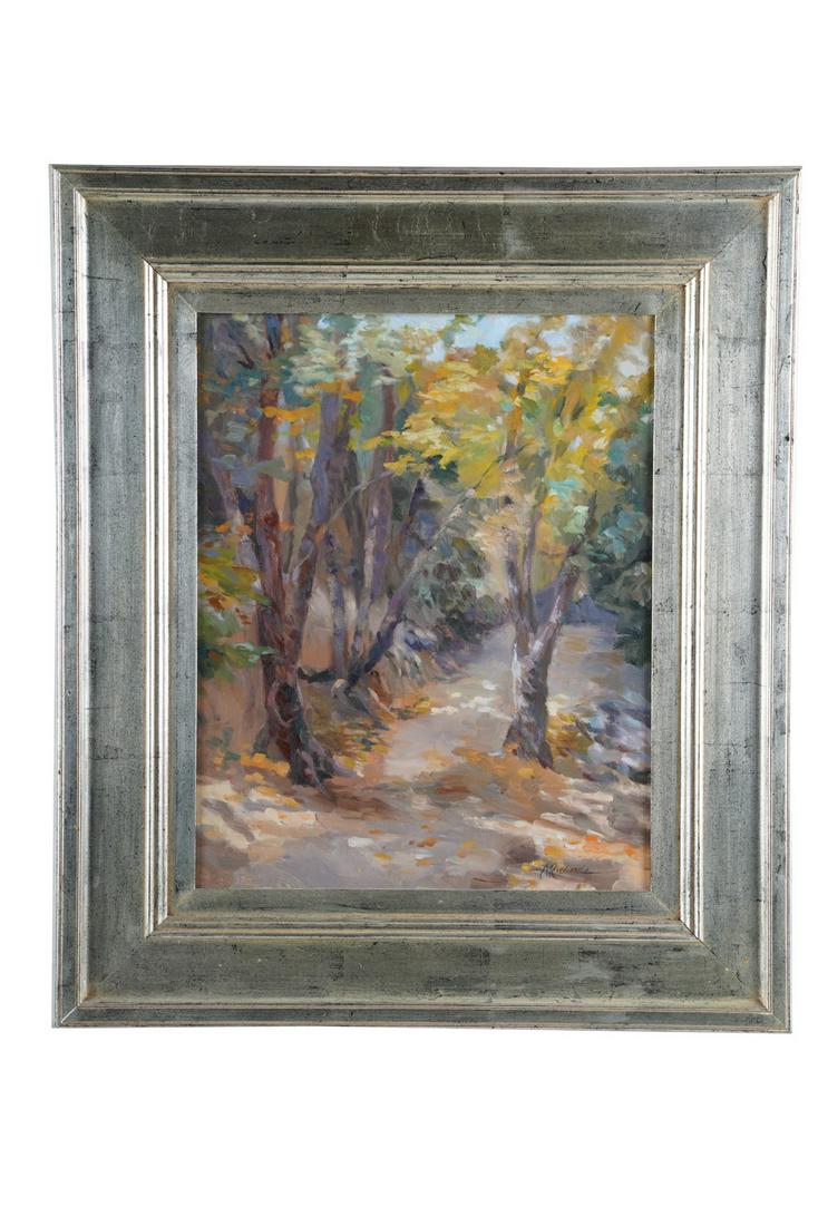 ANNA WOODS: "INTO THE WOODS": oil on canvas signed lower right Provenance: The Estate of Judith Sterling Morse Plunkett 19 1/2 x 15 1/2 inches