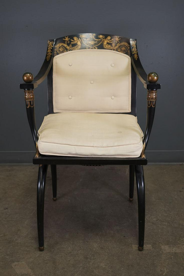 EBONY OPEN ARMCHAIR: Condition: with damage to cane seat and staining to pad height to back: 35 inches