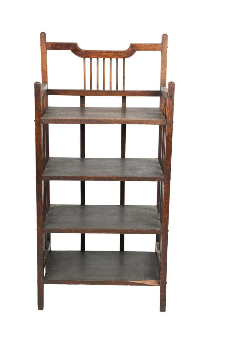 ARTS & CRAFTS ETAGERE: with four shelves Provenance: The Estate of DeWitt McCall III Condition: one shelf with chip 19 inches wide; 11 inches deep; 40 inches tall