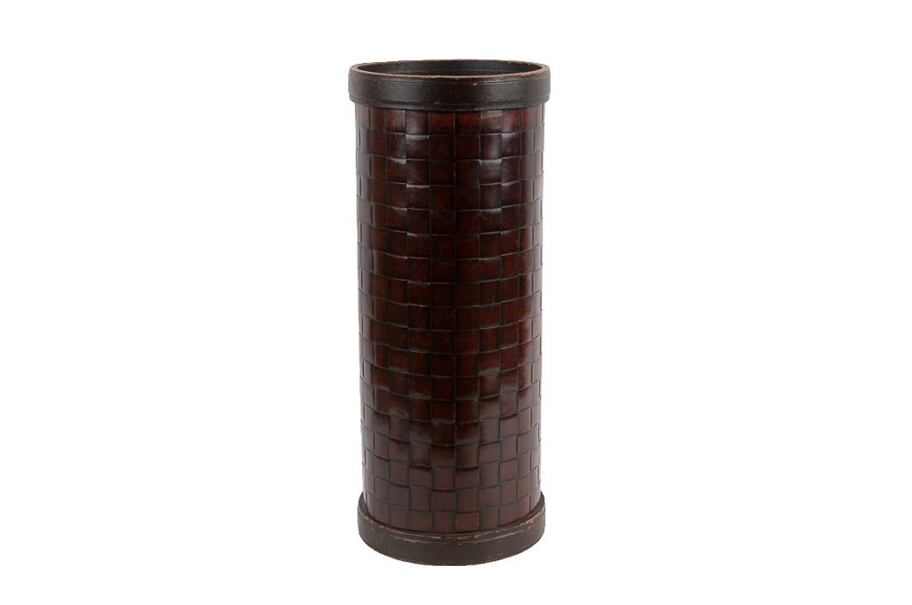 ENGLISH LEATHER UMBRELLA STAND: with stamped exterior design Condition: with wear to leather throughout 9 inches diameter; 22 1/2 inches high