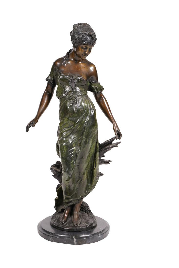 BRONZE FIGURE OF A LADY: after Auguste Moreau; on round marble base height of bronze: 27 inches; total height: 29 inches