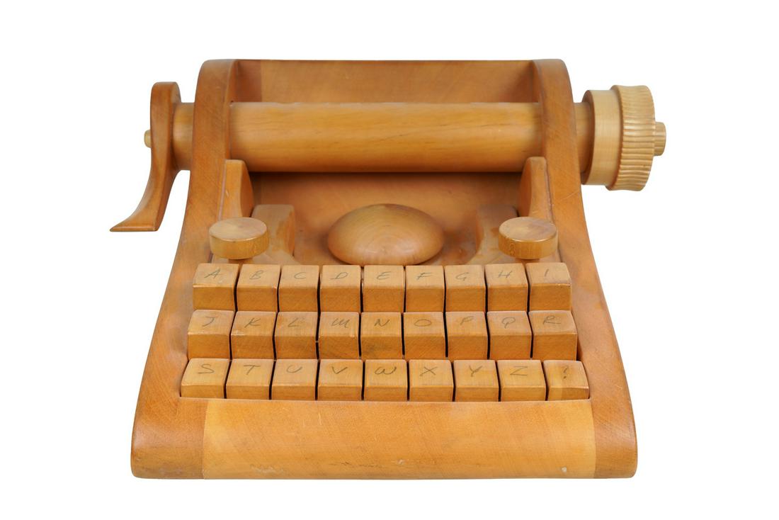 WOOD TYPEWRITER: the base: 13 1/2 x 10 1/4 inches