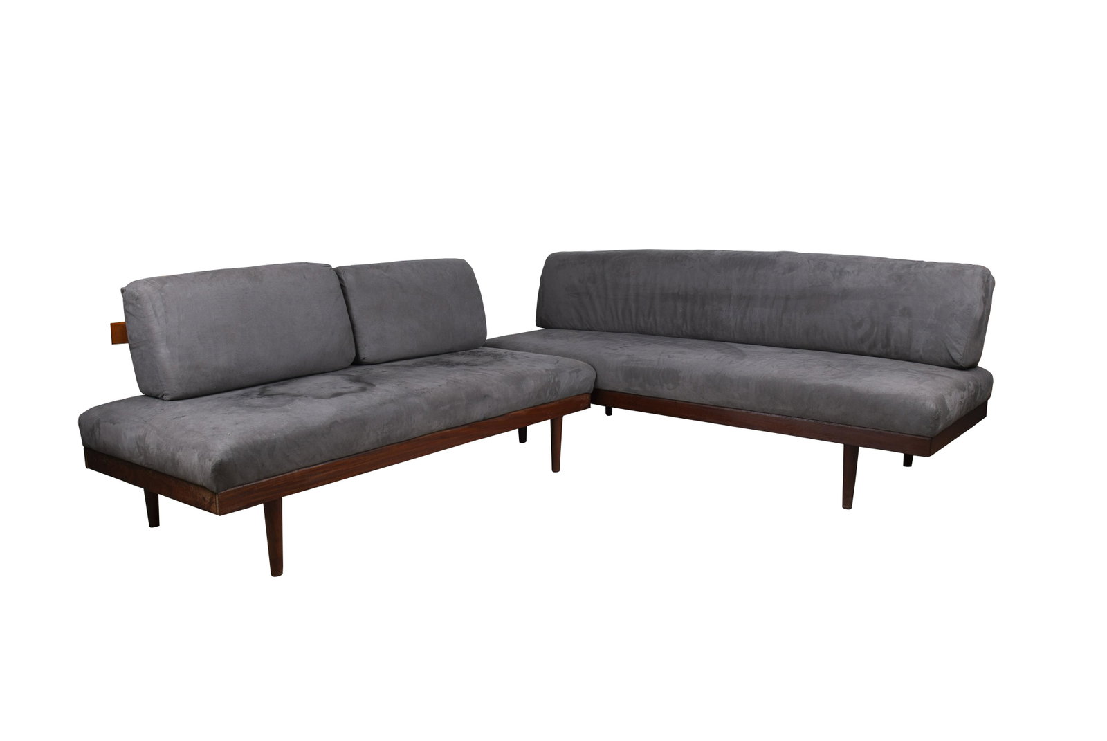 MODERN TEAK SOFA & LOVESEAT: Condition: upholstery with spotting the sofa: 75 inches wide; the loveseat: 62 inches wide