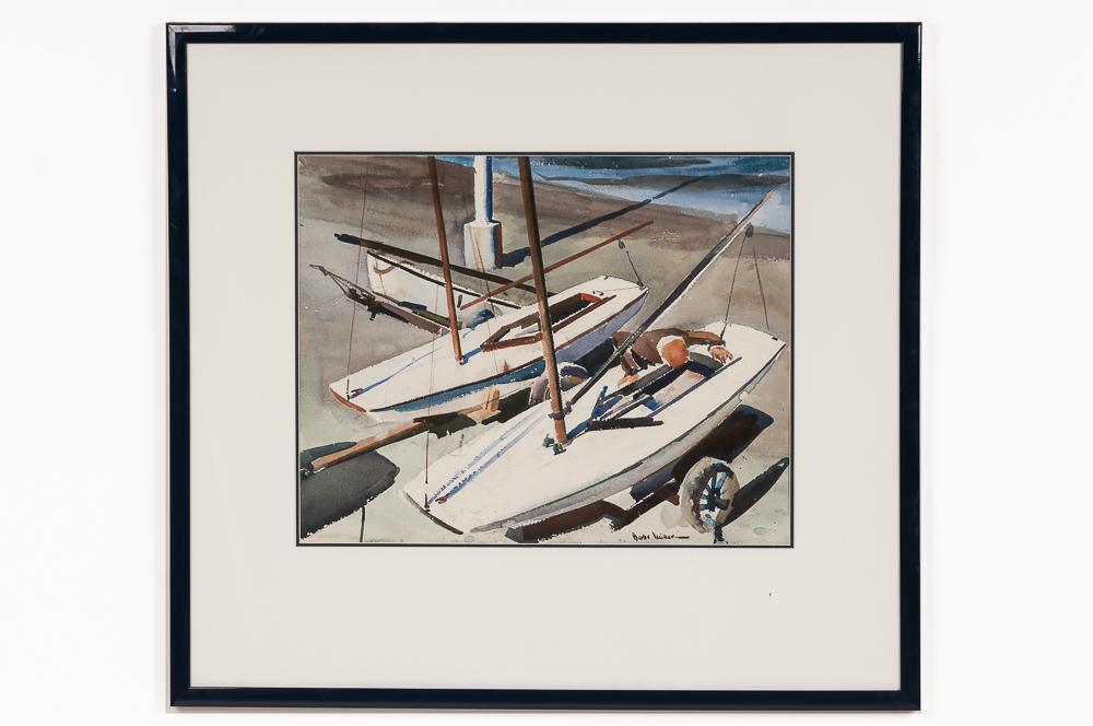 BARSE MILLER: "SAILBOATS ON THE SHORE": watercolor on paper signed lower right Provenance: The Douglas & Eunice Goodan Living Trust John Moran Auction: June 21, 2005 [Lot 82] 18 x 22 inches