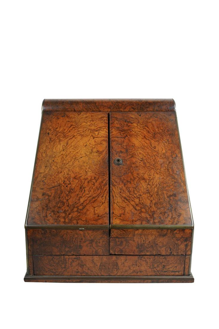 EDWARDIAN BURLWOOD LETTER BOX: opening to a fitted pigeonhole interior with changeable calendar cards 13 inches wide; 13 1/2 inches high