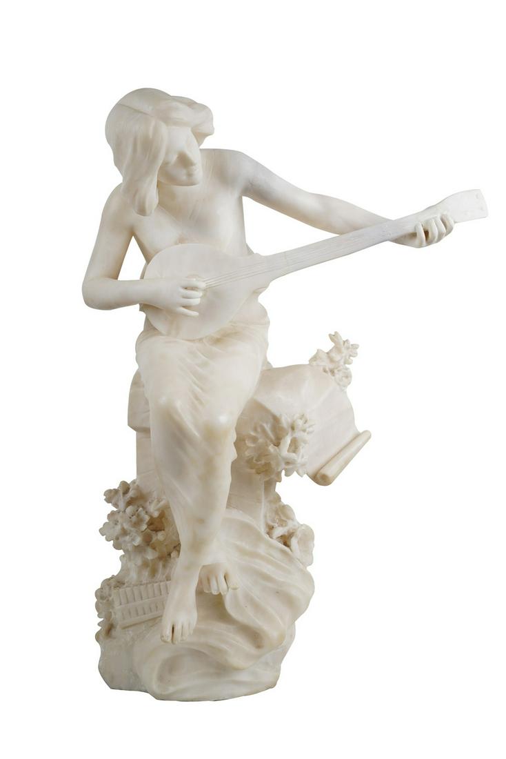 WOMAN WITH A MANDOLIN: alabaster figure Condition: the neck of instrument damaged and repaired 23 1/2 inches high