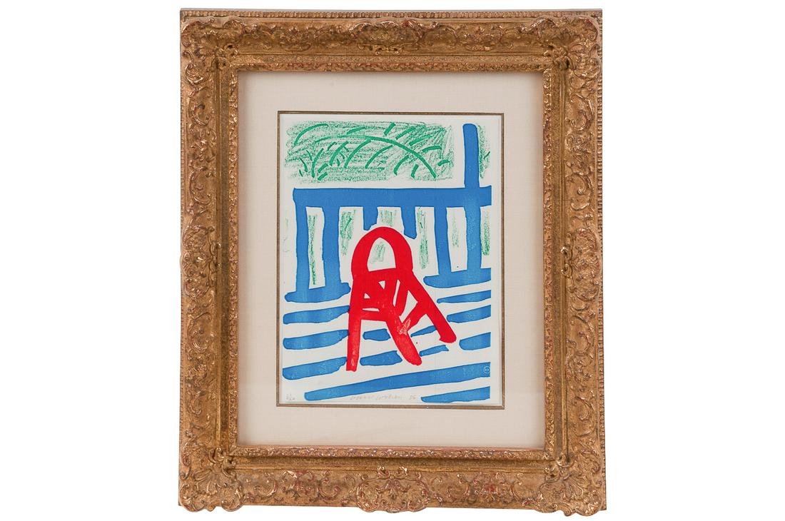 DAVID HOCKNEY: "THE RED CHAIR": circa 1986 Xerox print signed and numbered 38/60 Provenance: L.A. Louver, circa 1988; The Estate of Judith Sterling Morse Plunkett, Pasadena 11 x 8 1/4 inches