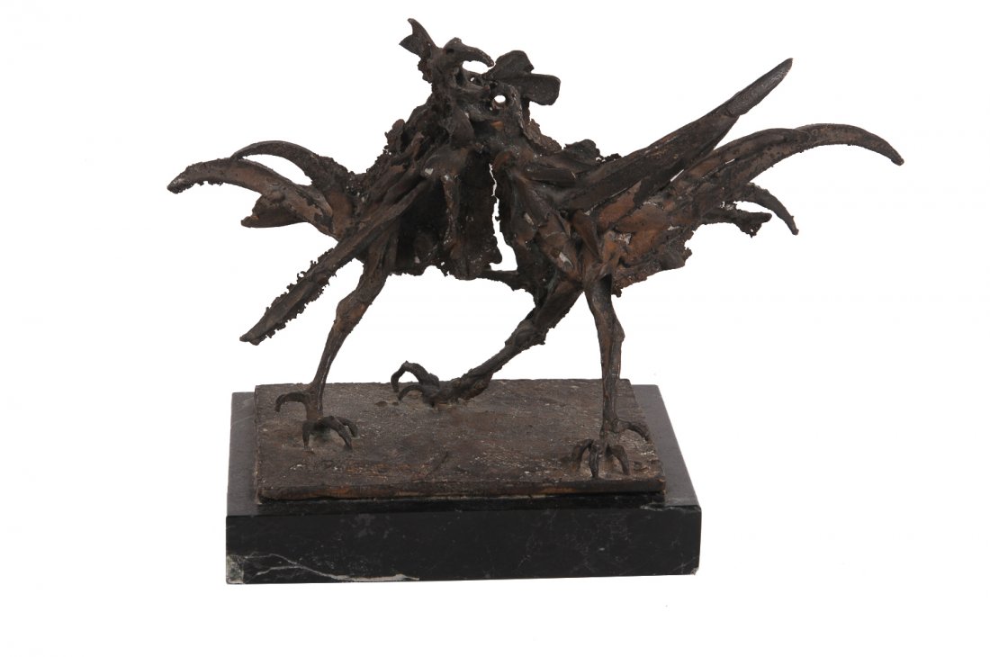 AGENORE FABBRI: "LOTTA DI GALLI": bronze with brown patina inscribed in casting Provenance: Galleria Odyssia, Rome 9 inches wide; 5 inches high
