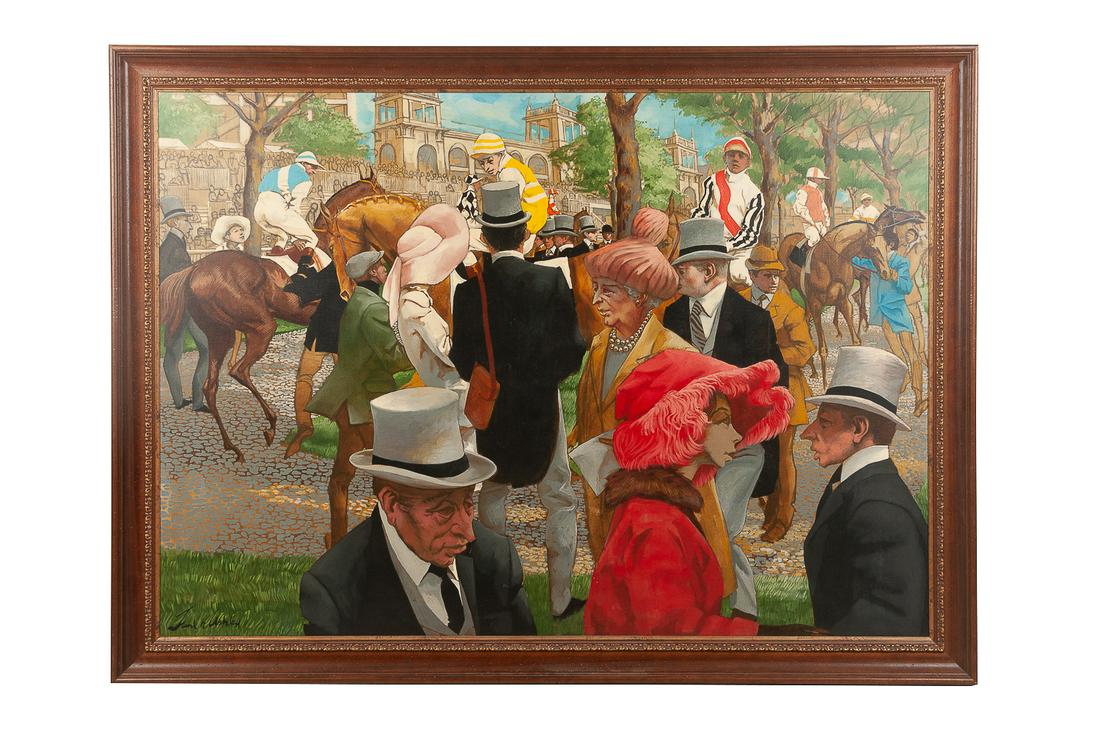 FRANK ASHLEY: "LONGCHAMPS-PADDOCK, GRAND PRIX DE PARIS": oil on canvas signed lower left and titled verso 49 1/2 x 70 inches