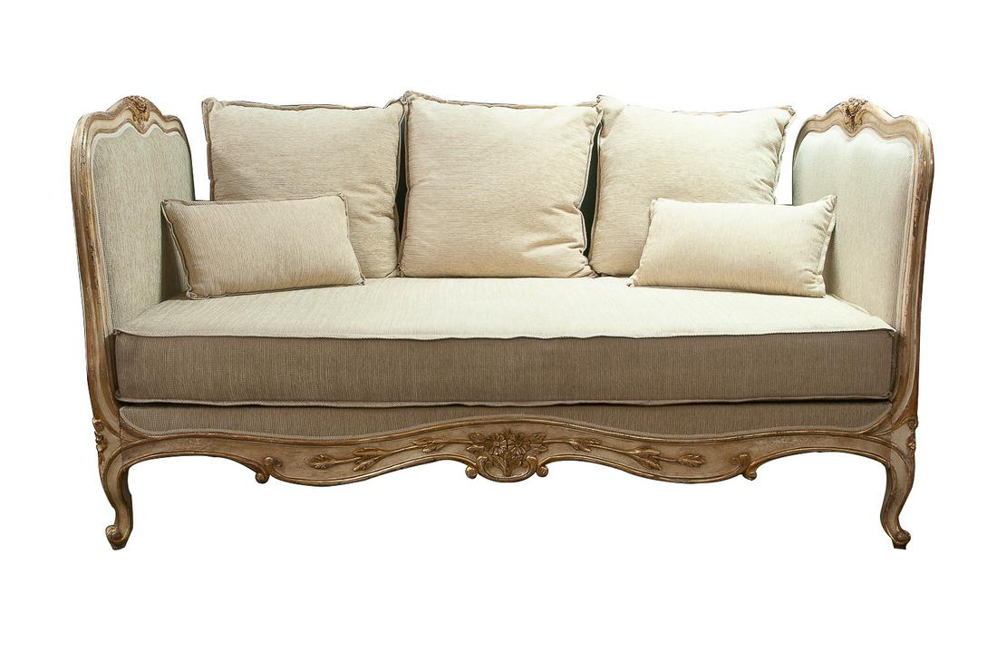 FRENCH LOUIS XV STYLE PAINTED GILT WOOD CARVED DAY BED: 50 inches wide; 52 inches high
