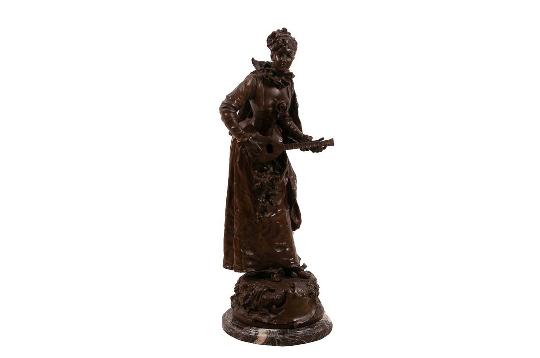 AFTER A MODEL BY ADRIEN ETIENNE GAUDEZ: "PASTORALE: figure of a maiden bronze with brown patina inscribed in casting 26 1/2 inches high