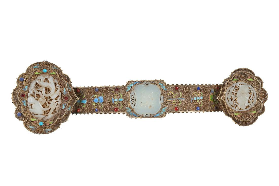 CHINESE GILT SILVER & ENAMEL SCEPTER: with a carved jade medallion at each terminal and a central medallion; jeweled throughout 16 inches long