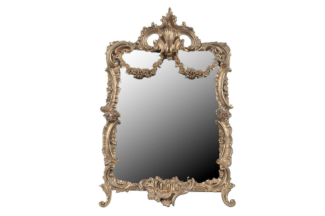 LOUIS XV STYLE GILT BRONZE TABLE MIRROR: with beveled mirror plate and gilt metal easel back 12 1/2 inches wide; 18 1/2 inches high