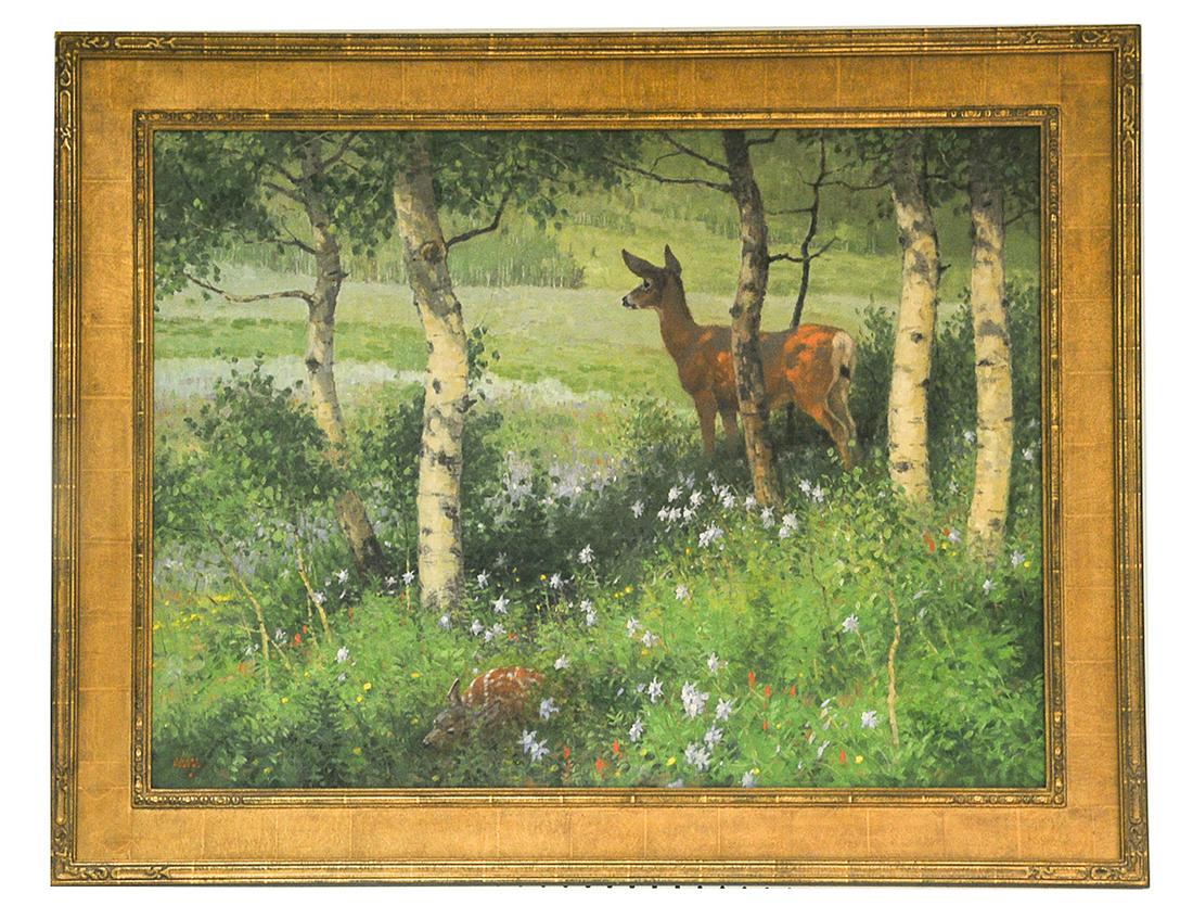 RALPH OBERG: "FLORA & FAUNA": circa 2012 oil on linen signed lower left Provenance: The Douglas & Eunice Goodan Living Trust Jackson Hole Art Auction: September 12, 2012 [Lot 204] 30 x 40 inches