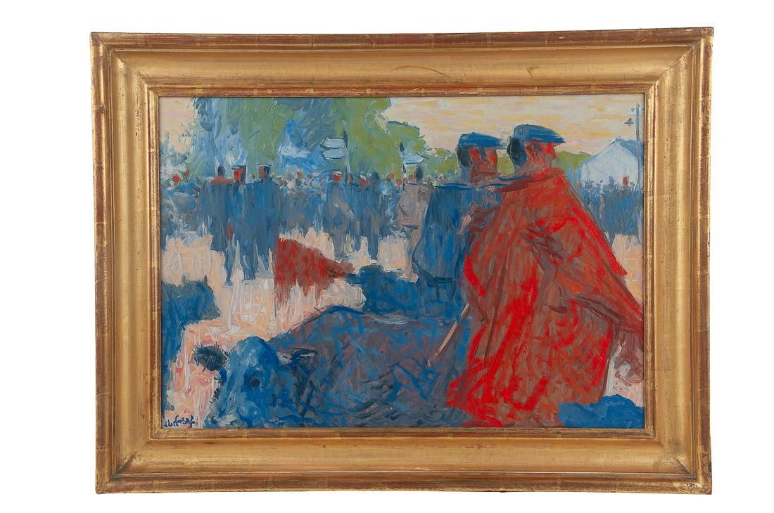 MAURICE MACGONIGAL: "RED COATED MAN, CONNEMARA": oil on canvas signed lower left and titled verso Provenance: purchased from Dawson Gallery, Dublin by Mrs. Wallace Sterling, circa 1969 The Estate of Judith Sterling Morse Plunkett, Pasadena 18 x 25 3