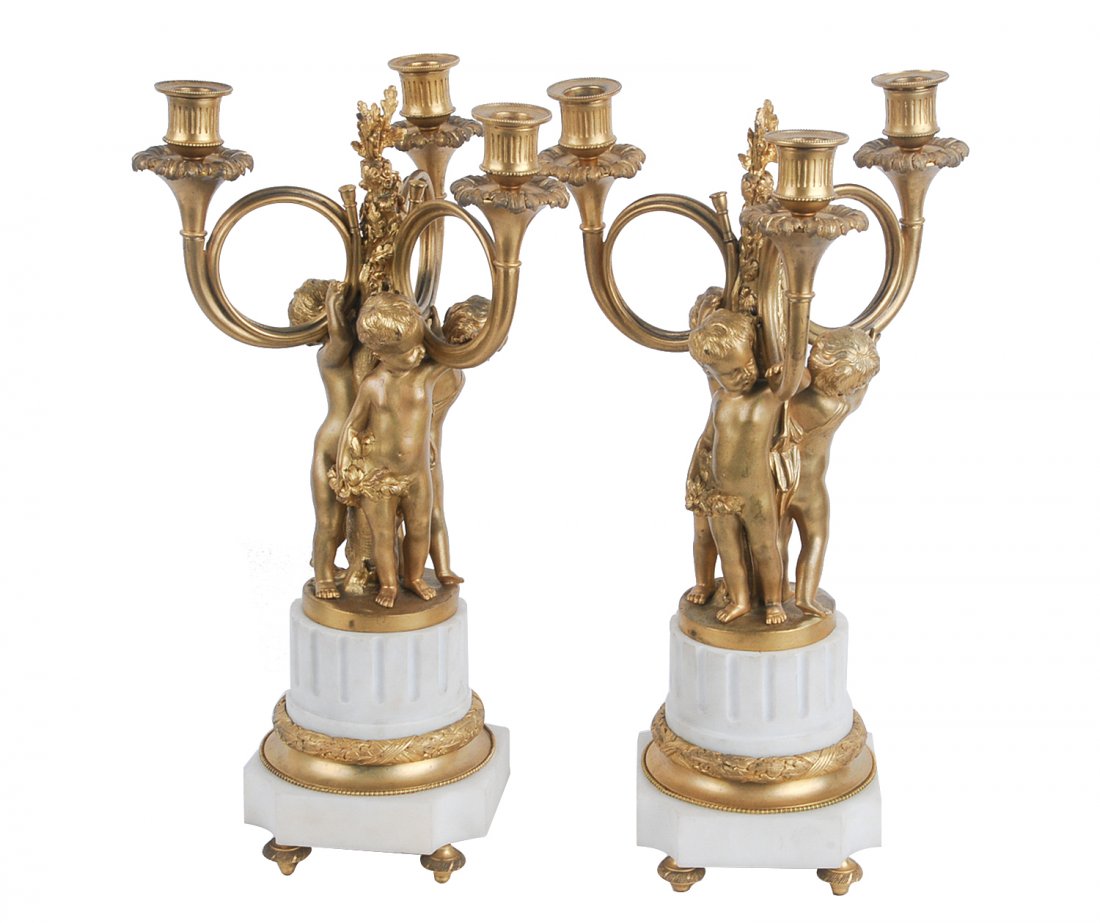 PAIR OF FRENCH BRONZE & MARBLE FIGURAL CANDELABRA: 17 1/4 inches high