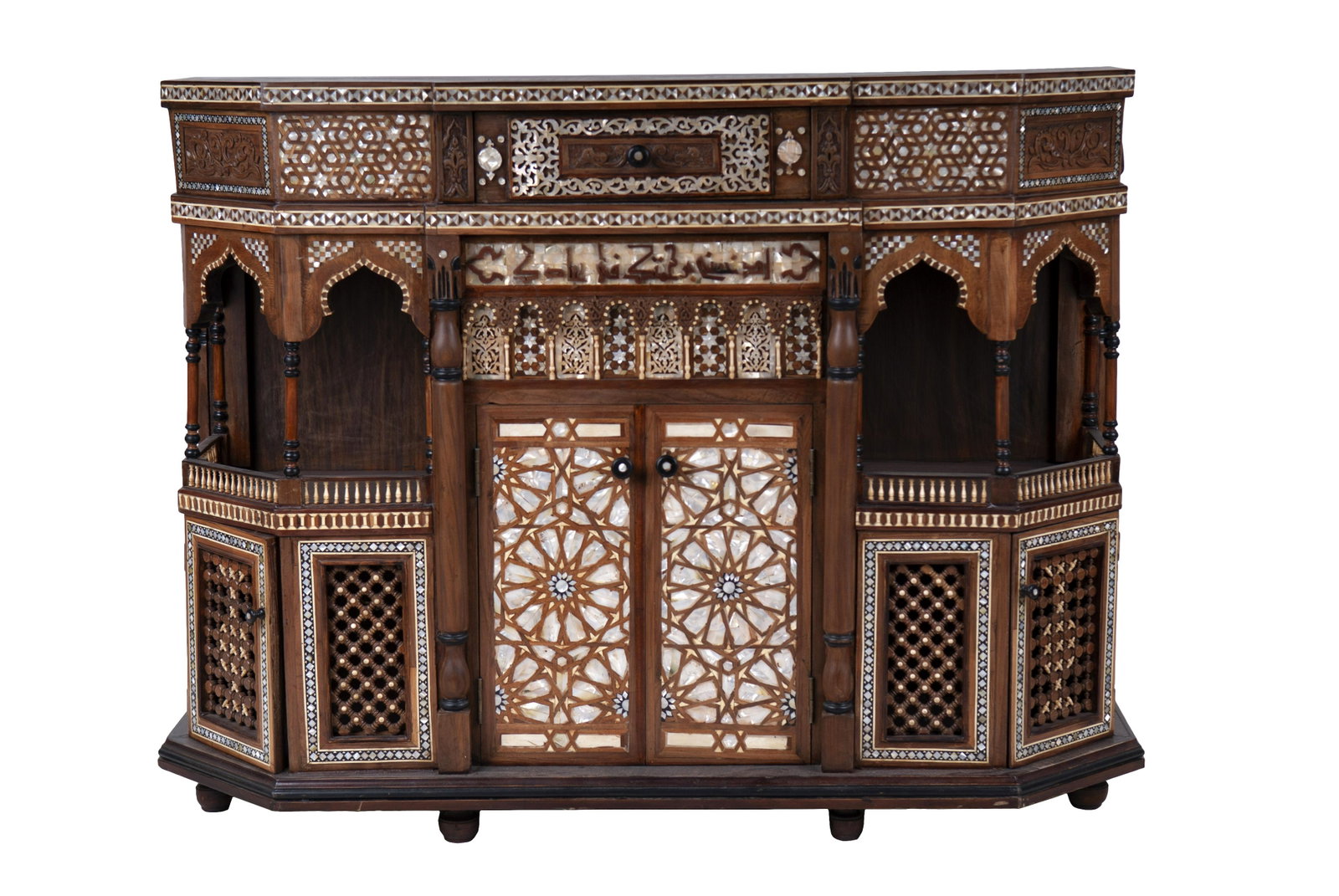 MOORISH STYLE INLAID SIDE CABINET: 52 inches wide; 16 inches deep; 39 1/4 inches high