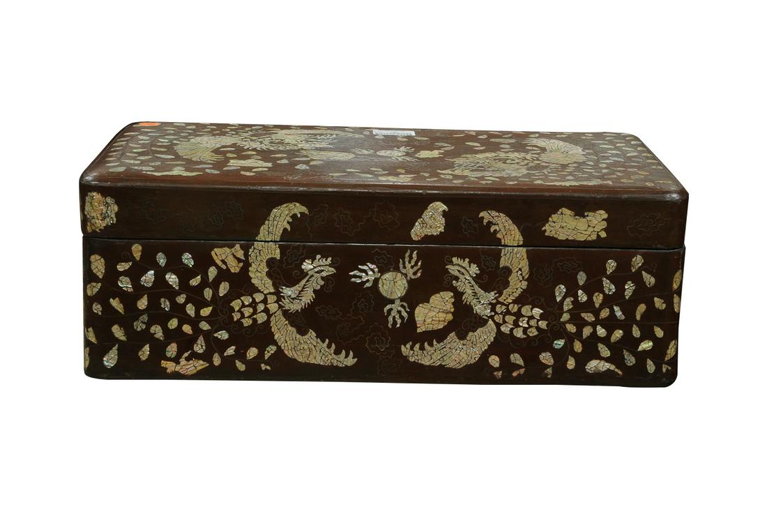 KOREAN MOTHER OF PEARL INLAID & CARVED WOOD TRUNK: 27 inches wide; 15 1/2 inches deep; 9 1/2 inches high