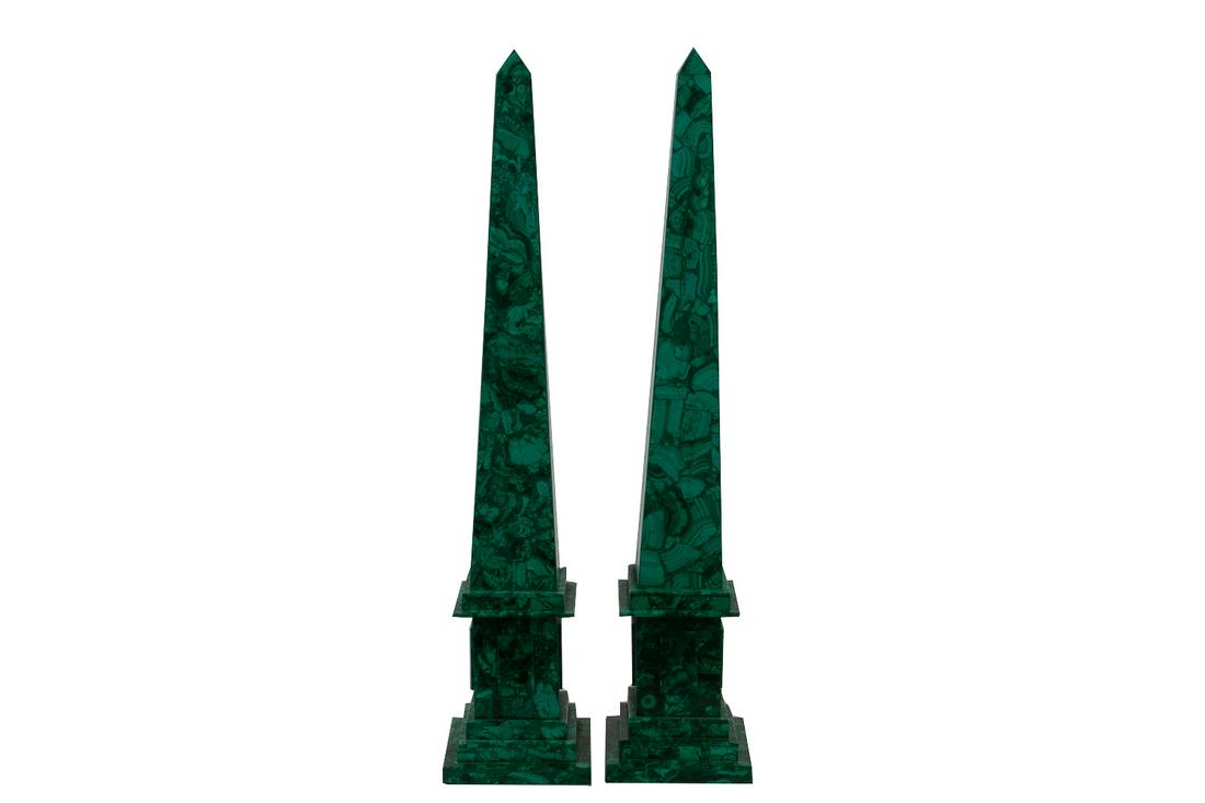 PAIR OF MALACHITE OBELISKS: 30 1/2 inches high