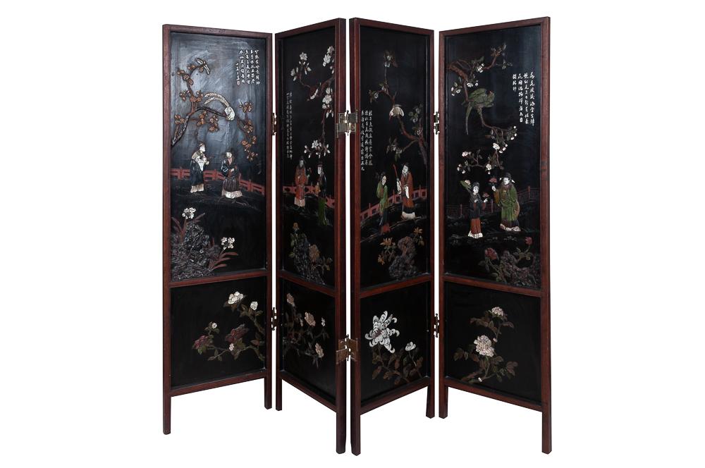 CHINESE FOUR-PANEL INLAID SCREEN: with hardstones & mother-of-pearl Provenance: The Estate of Robert and Lois Erburu, Los Angeles & Hope Ranch, Santa Barbara 77 x 88 inches