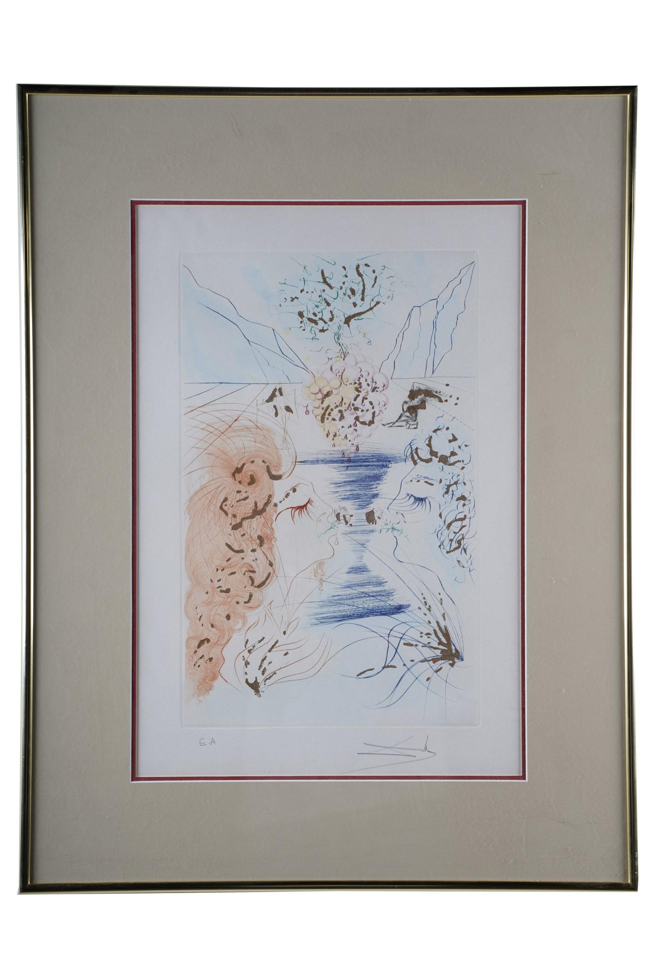 SALVADOR DALI: "LET HIM KISS ME...": etching with gold dust E.A edition signed lower right image: 15 1/2 x 10 inches