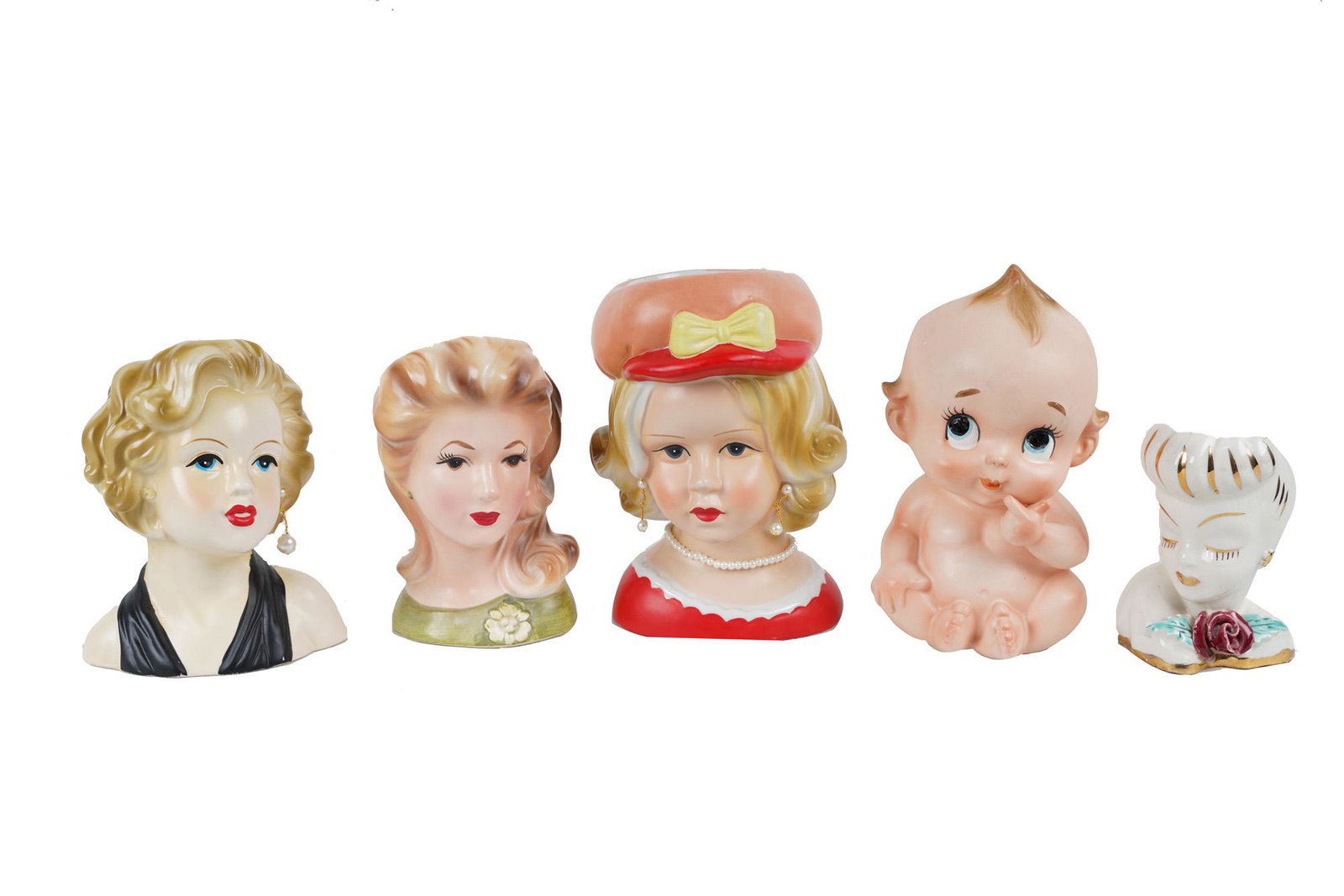 COLLECTION OF JAPANESE PAINTED HEADS: comprising five pieces all with open heads Condition: some signed Nippon tallest: 6 3/4 inches high