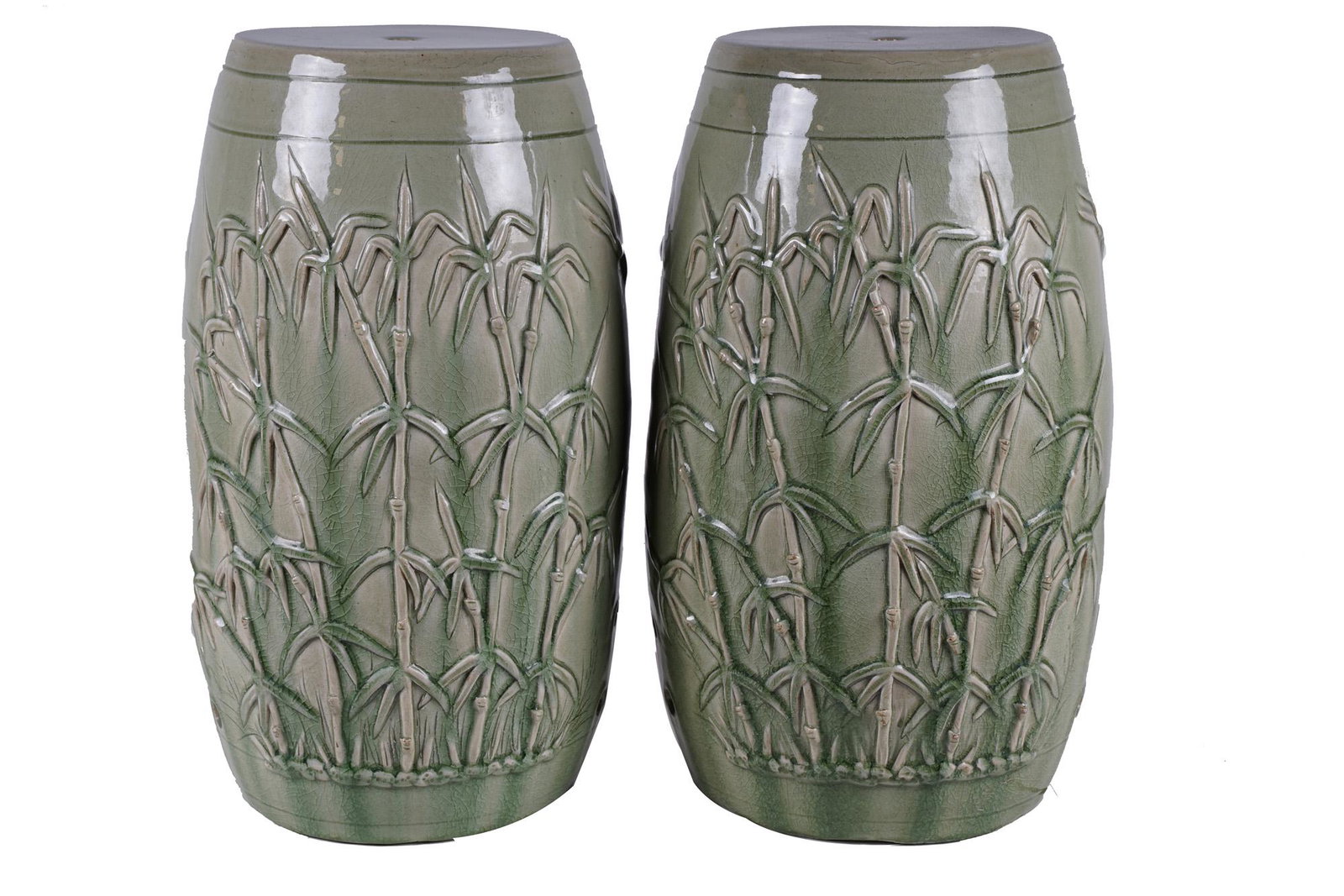 PAIR OF GREEN PORCELAIN GARDEN STOOLS: 21 inches high