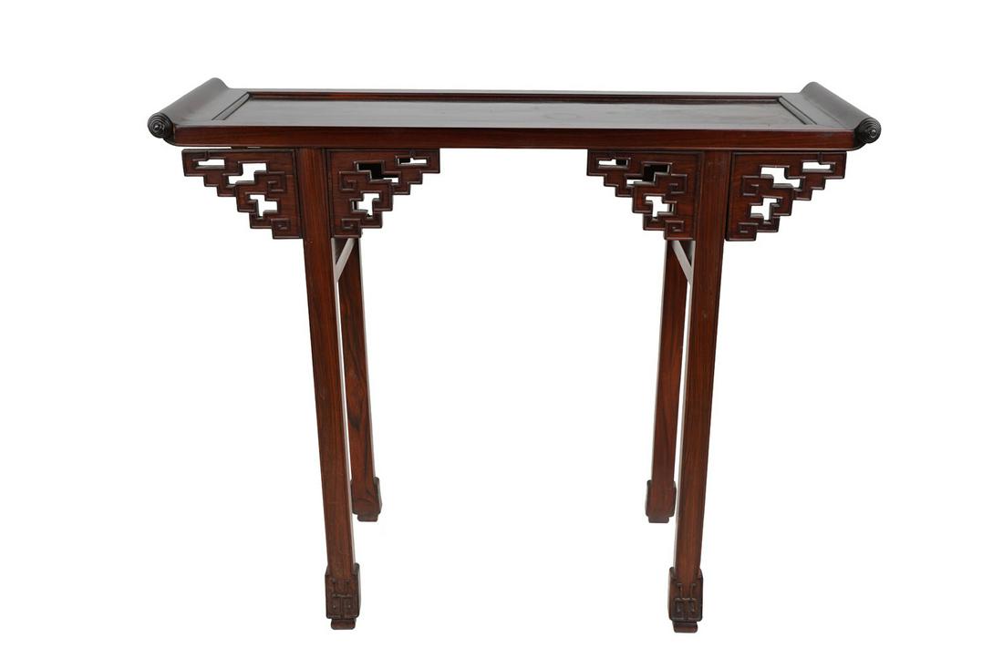 CHINESE CARVED HARDWOOD ALTAR TABLE: 40 inches wide; 15 inches deep; 32 3/4 inches high