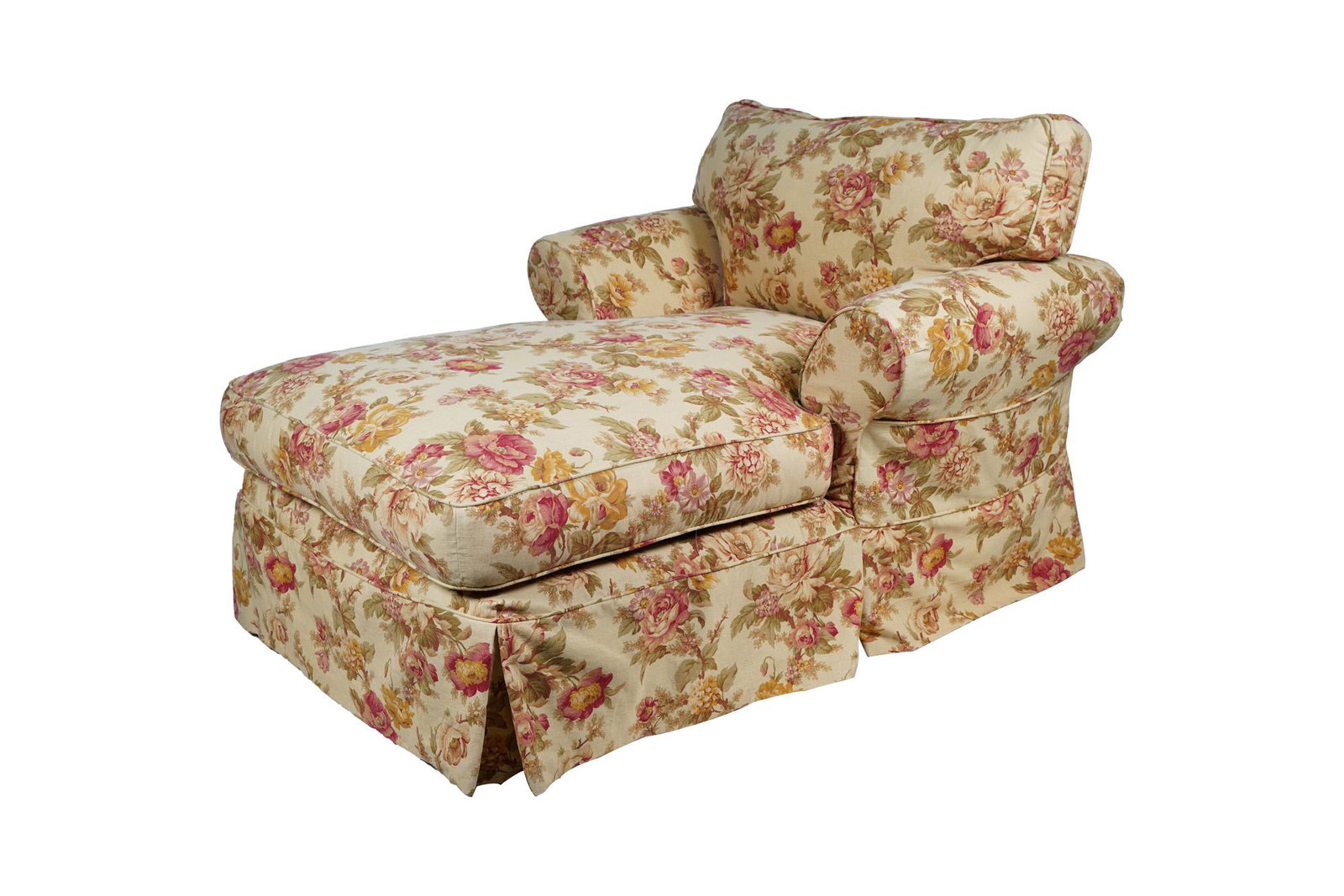 FLORAL UPHOLSTERED CHAISE: Condition: fair to good 59 inches wide