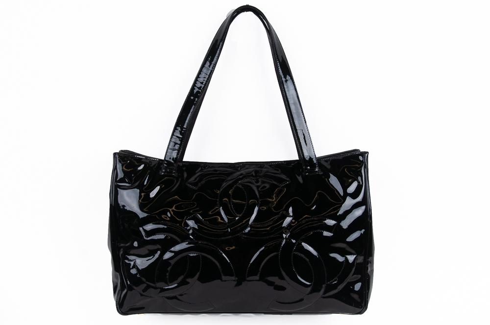 chanel black patent leather tote bag