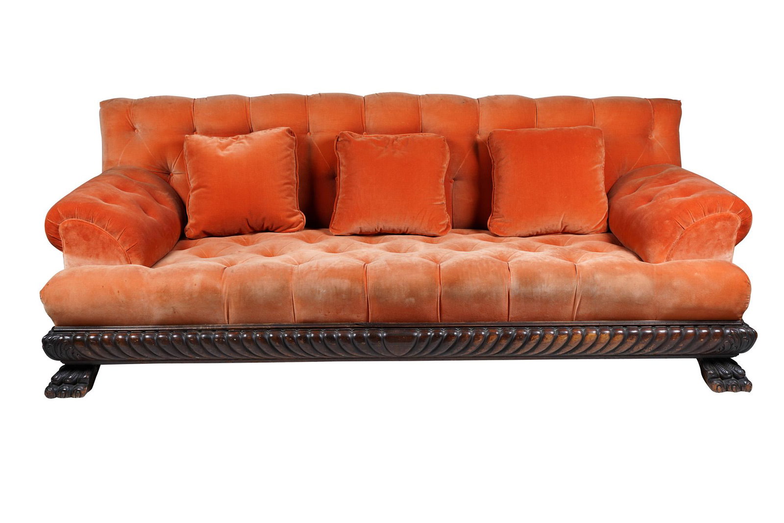 CARVED WOOD & UPHOLSTERED SOFA: with claw feet, covered in orange velvet Condition: wear to frame and feet commensurate with age. A small loss to one foot. Fabric in need of cleaning. 94 inches wide; 44 inches deep; 36 inches high; 