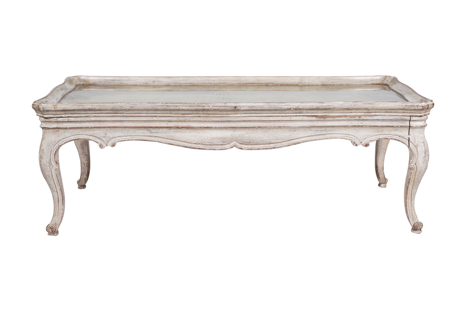 LOUIS XV STYLE GREY-PAINTED & MIRROR TOP COFFEE TABLE: Condition: intentionally distressed surface. Separation to joints on one end of table. 54 inches wide; 25 inches deep; 19 inches high